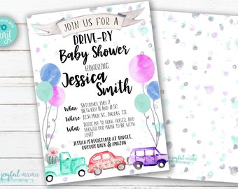 DRIVE BY Baby Shower Invitation - Watercolor Gender Neutral - Drive Through Shower - Customizable Invite