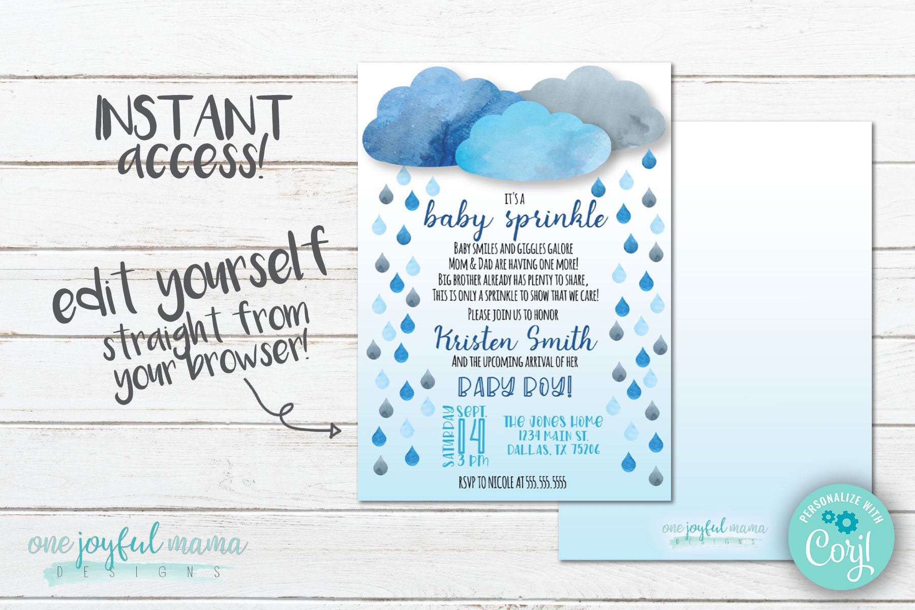 Baby Boy Shower Invitation Raindrop Baby Sprinkle Theme Instantly