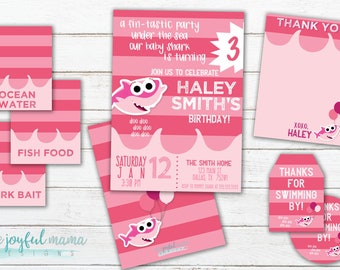 Baby Shark Toddler Birthday PARTY PACK - Invitation, Food Cards, Thank You Note, Favor Tags - Customizable Digital Download