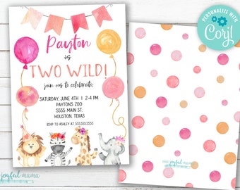 TWO WILD Birthday Party Invitation - Toddler Girl Birthday - Wild Thing, Party Animals, Zoo Jungle Theme - Instant Download - DIY Printable