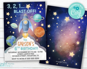 Space Blast Off Birthday Party Invitation - Boy Birthday - 3, 2, 1, Blast Off Space Ship and Planets - Instant Download - DIY Printable