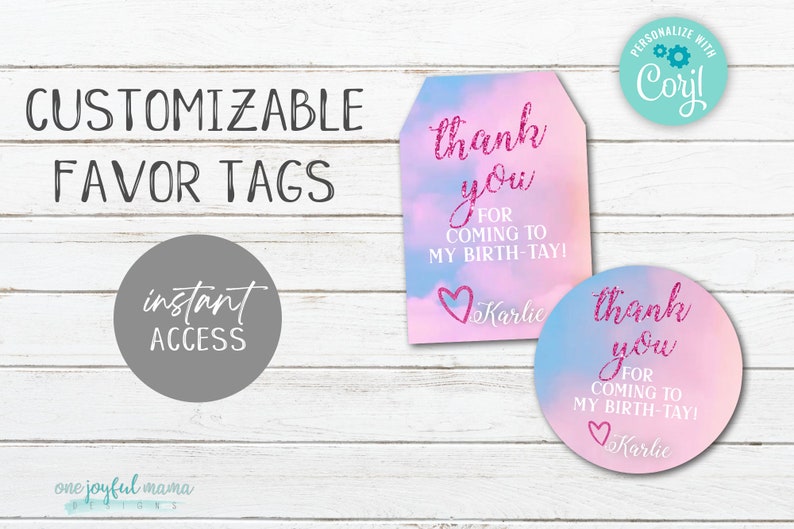 Peut inclure: Deux &eacute;tiquettes de faveur imprimables avec un fond aquarelle rose et bleu. Les &eacute;tiquettes disent "merci d'&ecirc;tre venu &agrave; mon anniversaire!" avec un c&oelig;ur rose et le nom "Karlie".