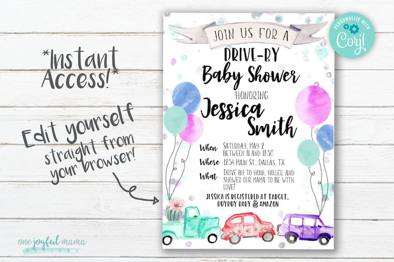 DRIVE BY Baby Shower Invitation Watercolor Gender Neutral Drive Through