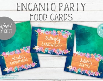 Encanto Birthday Food Card Labels - Watercolor floral Food cards - Kids Birthday Party - Instant Download, Print at Home - magical birthday