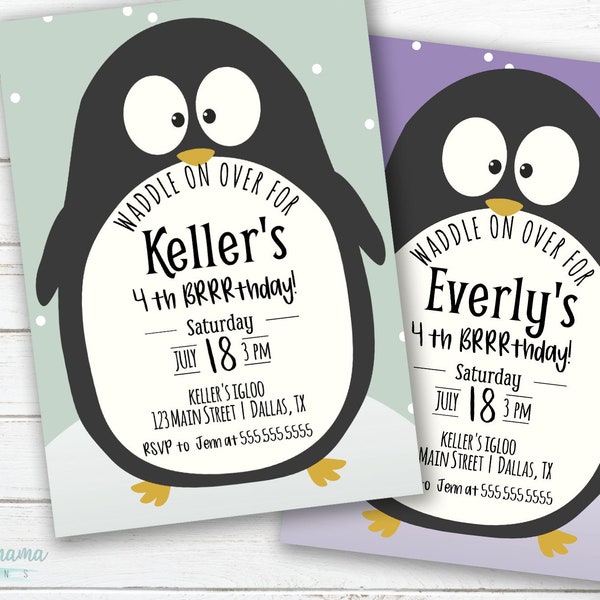 Invitation à une fête d'anniversaire de pingouin - Thème d'anniversaire pour tout-petit garçon fille - Genre neutre - DIY - Téléchargement instantané, personnalisation et impression à la maison