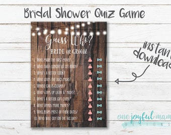 Bridal Shower Quiz Game Q & A Party Game Guess Who Bride or Groom Rustic Floral Theme