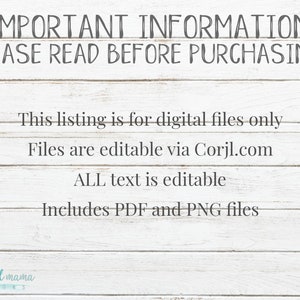 Peut inclure: Un fond en bois blanc avec un motif de feuilles vert turquoise de chaque c&ocirc;t&eacute;. Le texte indique "IMPORTANT INFORMATION PLEASE READ BEFORE PURCHASING! This listing is for digital files only Files are editable via Corjl.com ALL text is editable Includes PDF and PNG files one joyful mama designs".