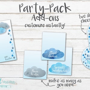 May include: A printable party pack with a blue watercolor cloud and raindrop theme. The pack includes thank you cards, food labels, and favor tags. The text on the labels reads "Cloud Cookies", "Rain Water", "Sprinkle Sandwiches", and "Thanks for Sprinkling Kristen with Love".