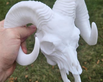 A1 White 3D Printed Ram Skull | Gothic Wall Art, Handmade Decor
