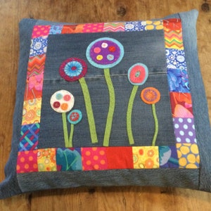 Felt flower recycled denim cushion cover