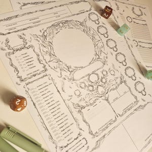 May include: A detailed character sheet for a tabletop role-playing game, featuring intricate line art of vines and circular frames. Includes sections for stats, skills, and saving throws. Several dice are scattered around the sheets.