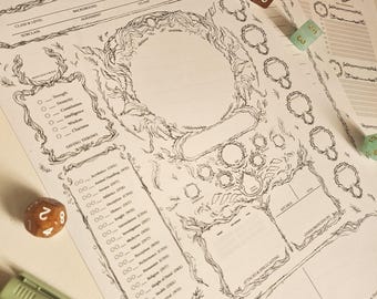May include: A detailed character sheet for a tabletop role-playing game, with intricate line art of vines and circular frames. Includes sections for stats, skills, and saving throws. Several dice are scattered around the sheets.