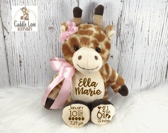 8" Giraffe Birth Stats, Plush Giraffe Newborn Gift, Giraffe Baby Stats, Plush Giraffe Baby Girl, Giraffe Nursery Decor, Baby Boy Birth Stats