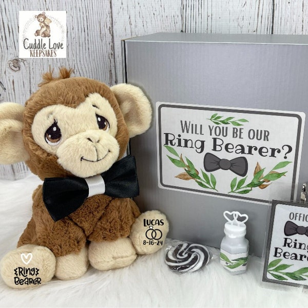 Monkey Ring Bearer Proposal Gift Box, Wedding Party Gift, Personalized Monkey Ring Bearer Proposal Box, Plush Monkey Ring Bearer Gift Idea
