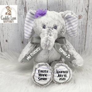 Adoption Elephant Stuffed Animal, Personalized Adoption Gift, Custom Adoption Girl Elephant, Gotcha Day Gift, Adoption Gift Plush Elephant