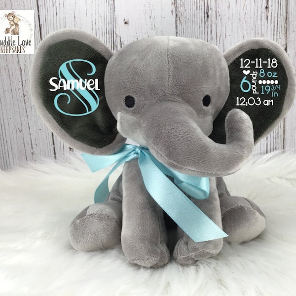 Baby Boy Birth Stats Elephant, Newborn Birth Announcement Gift, Infant Stuffed Animal Elephant, Baby Girl Baby Boy Custom Elephant Gift