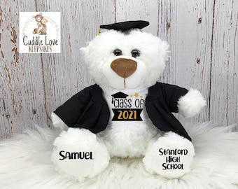 Graduation 7” White Tatty Teddy Bear with Diploma and Yellow Ribbon and Blue Hat 