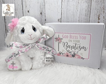 Baptism Lamb Gift Box, I Am A Child of God Personalized Baptism Gift, Custom Baptism Lamb Bible Verse Gift Box, Stuffed Animal Baptism Gift