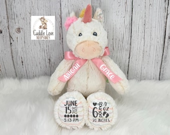 Unicorn Birth Stats Stuffed Animal, Personalized Plush Unicorn Birth Announcement, Custom Plush Unicorn Newborn Baby Boy Girl, Birth Stats