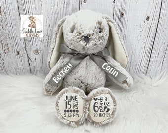 Bunny Rabbit Birth Stats Stuffed Animal, Personalized Plush Bunny Birth Announcement, Custom Plush Bunny Rabbit Newborn Baby Boy Girl