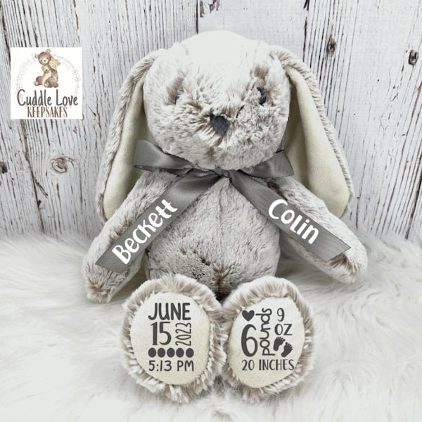 Bunny Rabbit Birth Stats Stuffed Animal, Personalized Plush Bunny Birth Announcement, Custom Plush Bunny Rabbit Newborn Baby Boy Girl