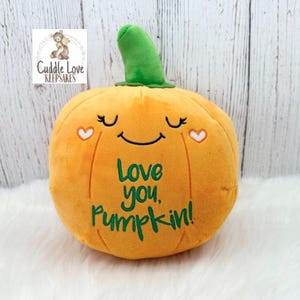 May include: A plush orange pumpkin toy with a green stem, featuring embroidered closed eyes, a smiling mouth, two small white hearts, and the green text "Love you, Pumpkin!" stitched on the front surface of the soft fabric material.