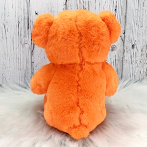 Peut inclure: Vue arri&egrave;re d'un ours en peluche orange. L'ours est assis sur une surface blanche et moelleuse, avec un fond en planches de bois. L'ours a une texture douce et duveteuse.