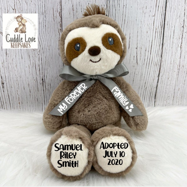 Adoption Sloth Stuffed Animal, Personalized Adoption Gift, Custom Adoption Plush Sloth, Gotcha Day Gift, Adoption Gift Child Stuffed Animal