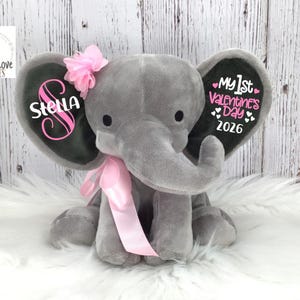 1st Valentine's Day, First Valentine Baby, Valentine Elephant, Baby Valentine Personalized, Baby's 1st, Baby Valentine Plush, Girl Valentine Grey with Pink Bow