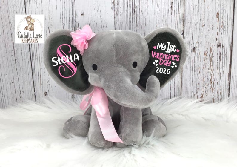 1st Valentine's Day, First Valentine Baby, Valentine Elephant, Baby Valentine Personalized, Baby's 1st, Baby Valentine Plush, Girl Valentine Grey with Pink Bow