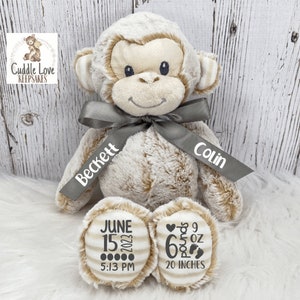 Monkey Birth Stats Stuffed Animal, Personalized Plush Monkey Birth Announcement, Custom Plush Monkey Newborn Baby Boy Girl, Jungle Nursery