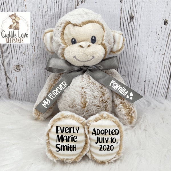 Adoption Monkey Stuffed Animal, Personalized Adoption Gift, Custom Adoption Plush Monkey, Gotcha Day Gift, Adoption Gift Plush Animal