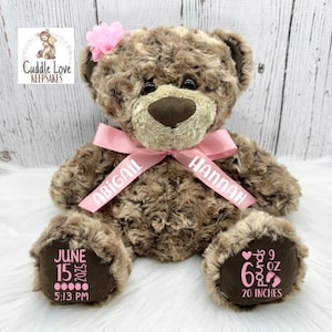 May include: A brown teddy bear with a pink bow featuring the names "ABIGAIL" and "HANNAH". The bear has a pink flower on its head and birth details on its paws: June 15, 2025, 5:13 PM, 9 oz, and 20 inches.