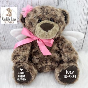 May include: A brown teddy bear with a pink bow, flower, and white angel wings. The bear has the text "A HUG FROM HEAVEN" and "LUCY 10-5-23" on its paws. The bear is a keepsake.