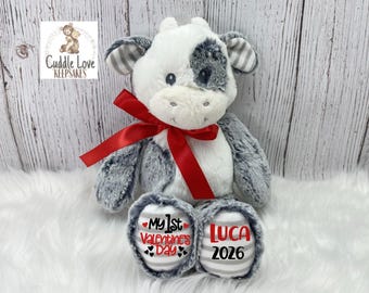 First Valentine's Day Cow 2026, My 1st Valentine's Day Personalized Cow, Baby's First Valentine's Day Custom Plushie, Plush Valentine Gift