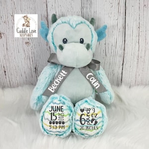 Dinosaur Dragon Birth Stats Stuffed Animal, Personalized Plush Dino Birth Announcement, Custom Plush Newborn Baby Boy Girl, Birth Stats
