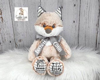 Fox Birth Stats Stuffed Animal, Personalized Plush Fox Birth Announcement, Custom Plush Fox Woodland Animals Nursery Theme Decor Birth Stats