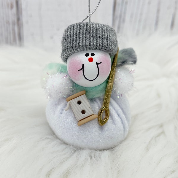 Sewing Ornament, Quilter Ornament, Grandma Christmas Ornament, Snowman Ornament, Loves Sewing Gift Idea, Seamstress Embroidery Crafter Gift