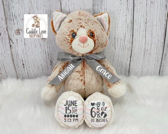 Cat Kitten Birth Stats Stuffed Animal, Personalized Plush Kitty Birth Announcement, Custom Plush Cat Newborn Baby Boy Girl Birth Stats Gift