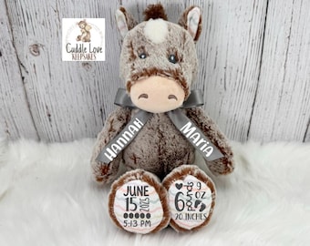 Horse Birth Stats Stuffed Animal, Personalized Plush Pony Birth Announcement, Custom Plush Newborn Baby Boy Girl, Birth Stats Horse Farm