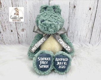 Adoption Alligator Stuffed Animal, Personalized Adoption Gift, Custom Adoption Plush Alligator, Gotcha Day Gift, Adoption Gift Plush Animal