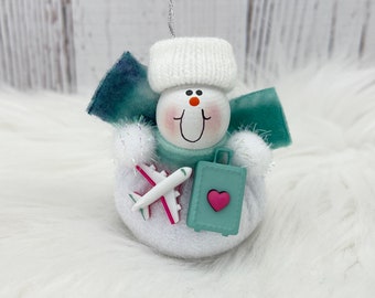 Travel Ornament, Vacation Ornament, Personalized Travel Airplane Ornament, Suitcase Vacation Ornament, Family Trip, Snowman Ornament Idea