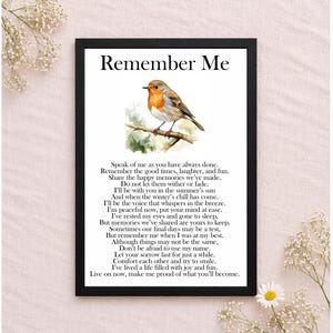 Póster conmemorativo de Robin con poema / A4 / Recuérdame, Resplandor, Déjame ir, Soy libre / Regalo de condolencias por el duelo