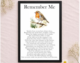 Robin Memorial Poster with Poem | A4 | Remember Me, Afterglow, Let Me Go, I Am Free | Sympathy Bereavement Gift