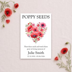 Paquetes personalizados de semillas de amapola, recuerdos para funerales, recuerdo en memoria de un ser querido.