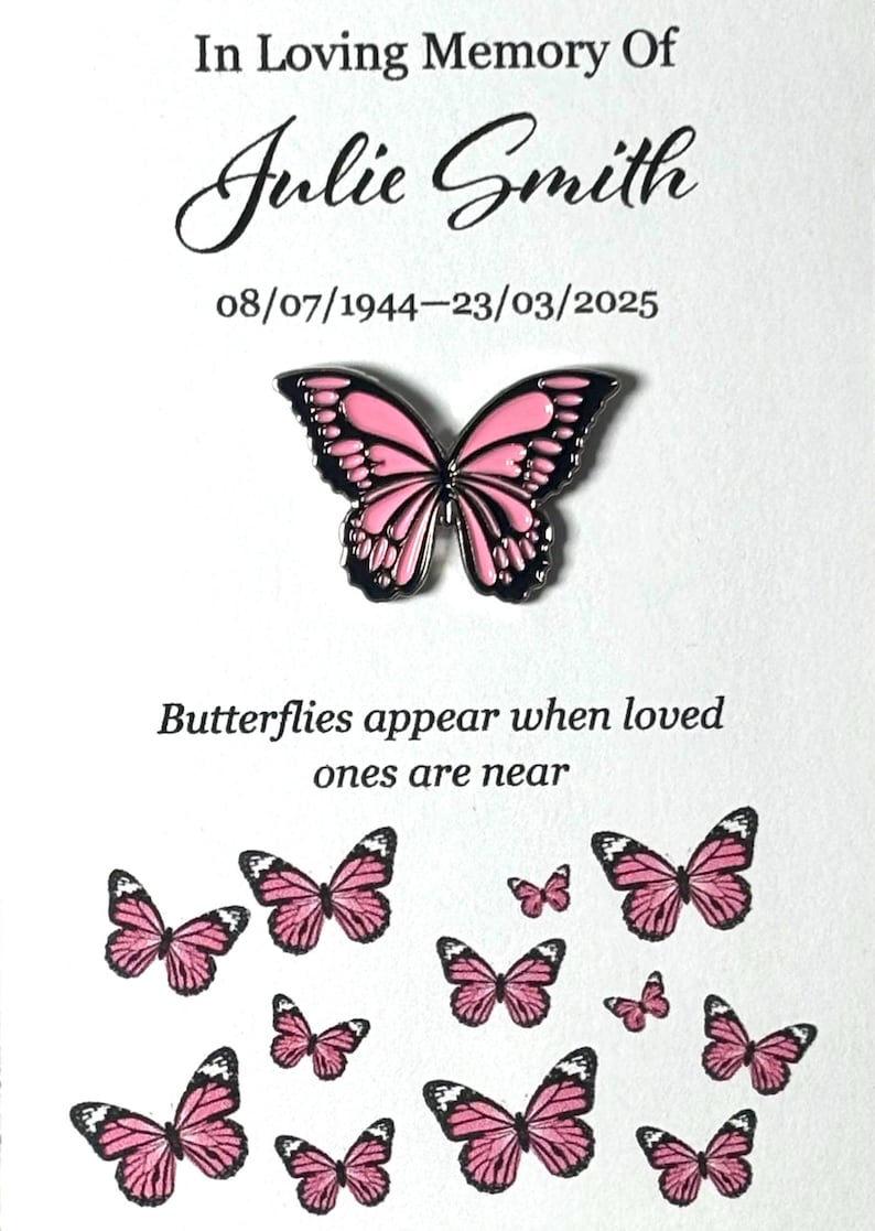 Insignia personalizada de mariposa esmaltada – Recuerdo conmemorativo, detalle para funeral, regalo de recuerdo / Pink