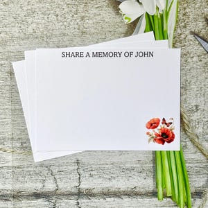 Recuerdo funerario personalizado con forma de amapola, tarjeta impresa tamaño A6 «Share A Memory»