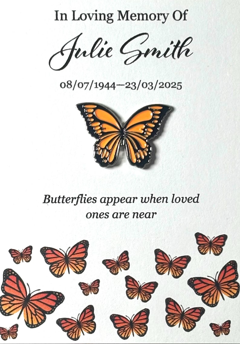 Insignia personalizada de mariposa esmaltada – Recuerdo conmemorativo, detalle para funeral, regalo de recuerdo / Orange
