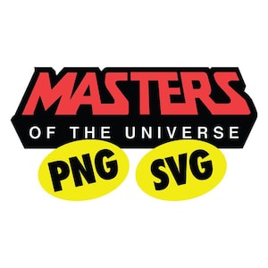 Puede incluir: El logotipo de Masters of the Universe en rojo y negro, con los textos "PNG" y "SVG" en óvalos amarillos debajo. El logotipo es una fuente estilizada y en negrita sobre un fondo blanco.