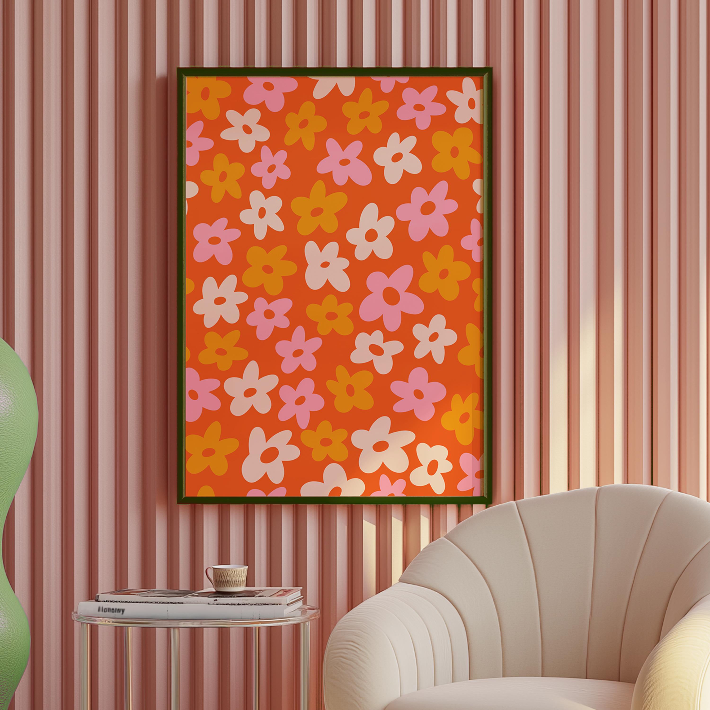 70s Flower Power Art Print – Retro Floral, Orange, Pink, Groovy